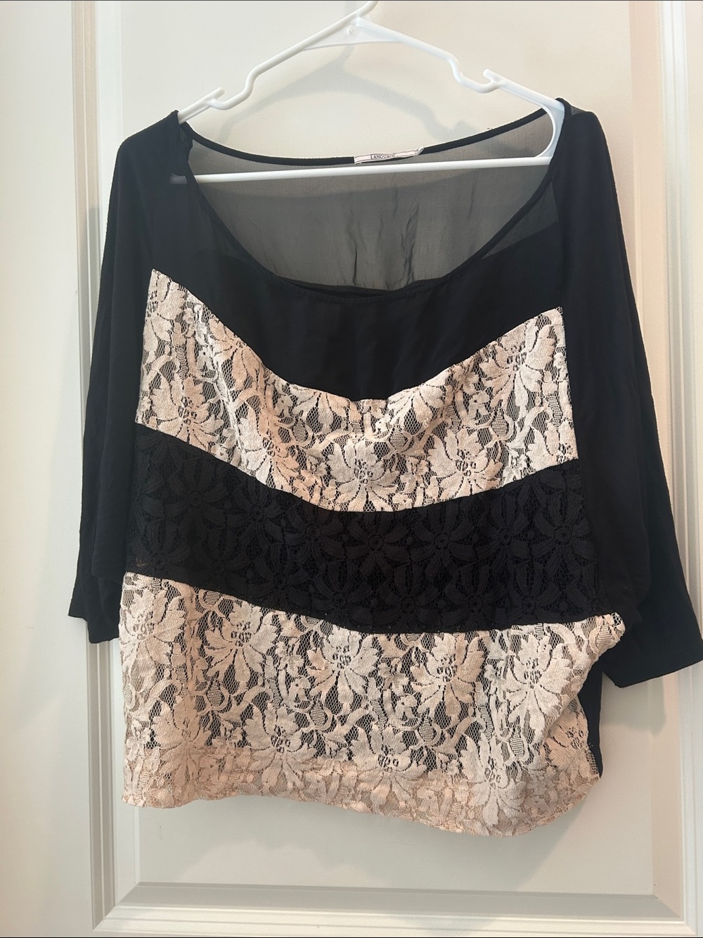 Language Silk Blend Lace Sheer Panel Black & Cream Women's Top size M